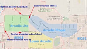 Map and neighborhood boundaries of Arcadia Arizona in Phoenix